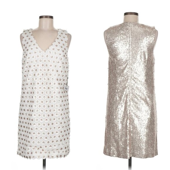 NEW Laundry Shelli Segal Sequin Florette Shift Dress 6 White Champagne Sequin - Picture 1 of 8